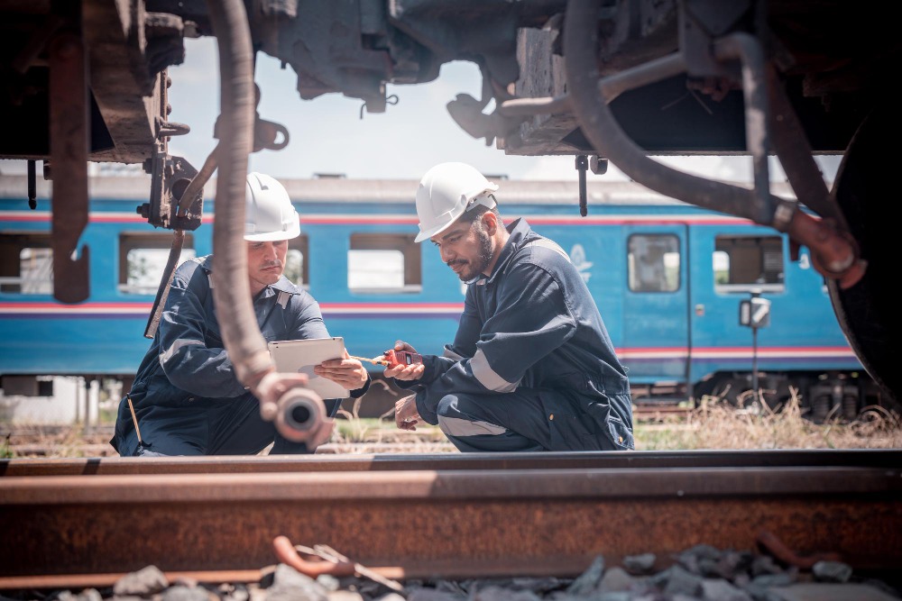 Maintenance operators in the field observing a tablet with a maintenance software in front of a train.