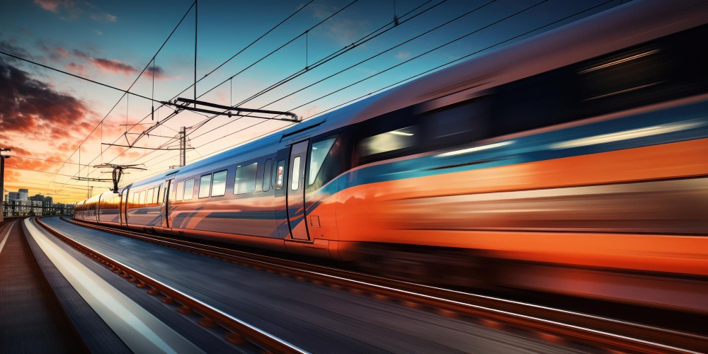 Highspeed train blurred as it passes by at sunset.